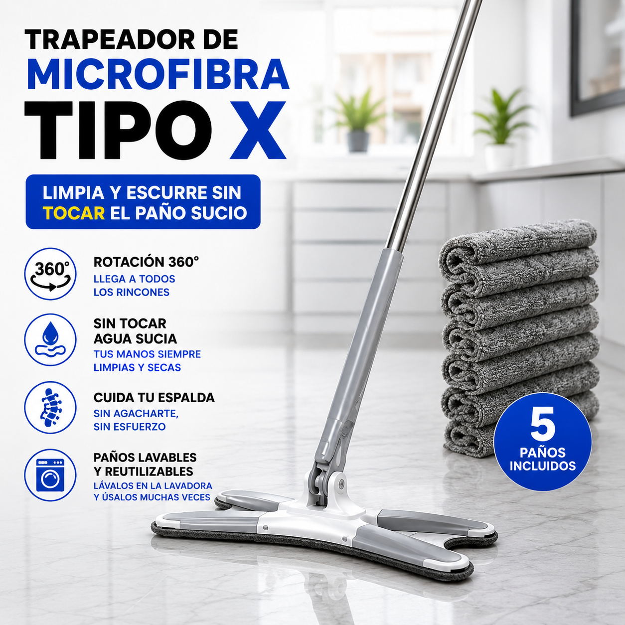 Trapeador X 360° Autoescurrible – Limpia Sin Tocar el Trapo Sucio