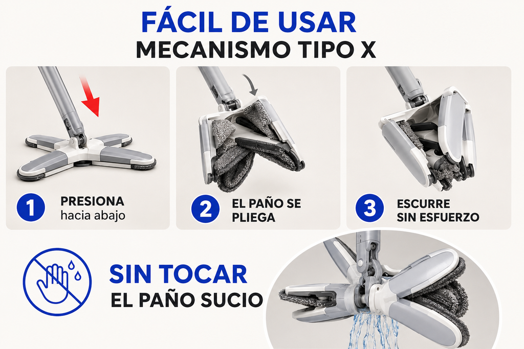 Trapeador X 360° Autoescurrible – Limpia Sin Tocar el Trapo Sucio
