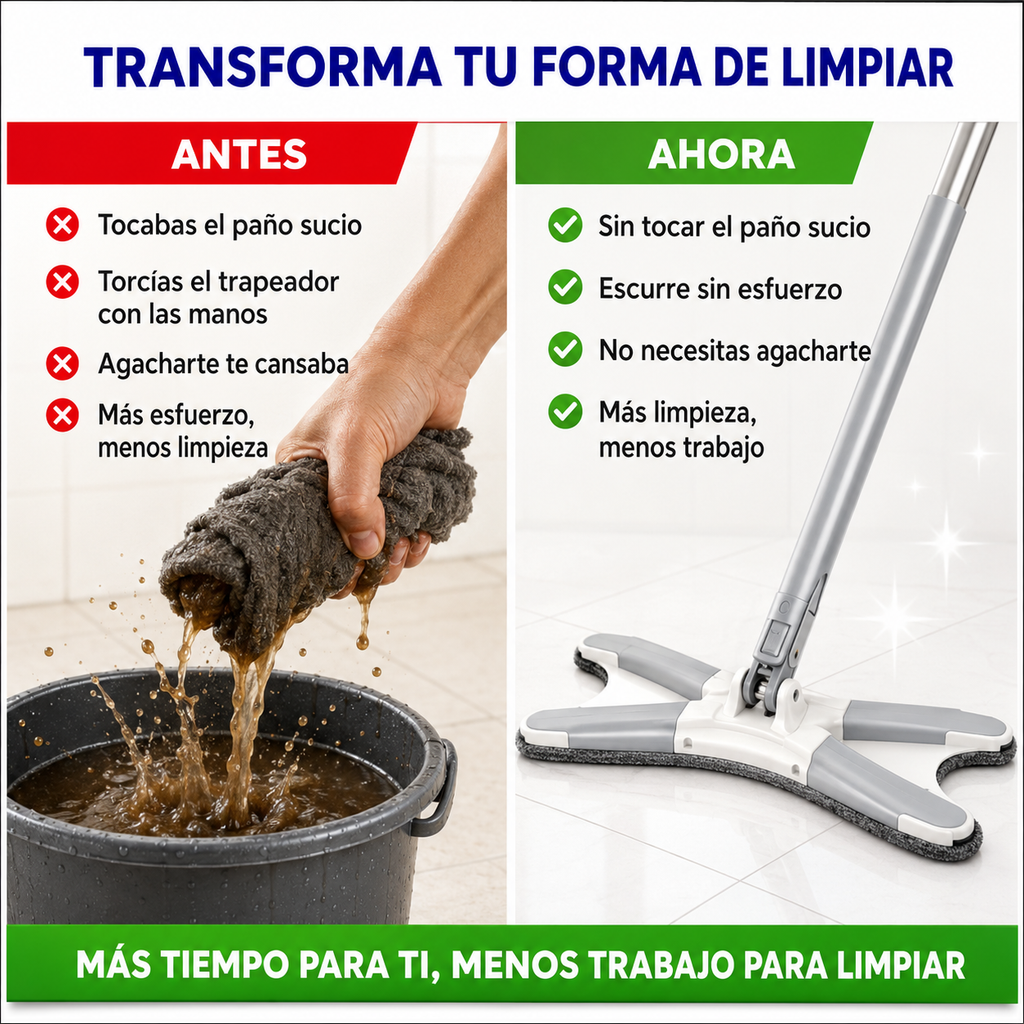 Trapeador X 360° Autoescurrible – Limpia Sin Tocar el Trapo Sucio
