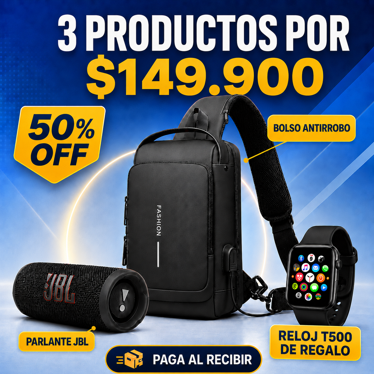 🔥 Super Combo 3 en 1: Bolso Antirrobo + Parlante JBL + Reloj T500 de Regalo