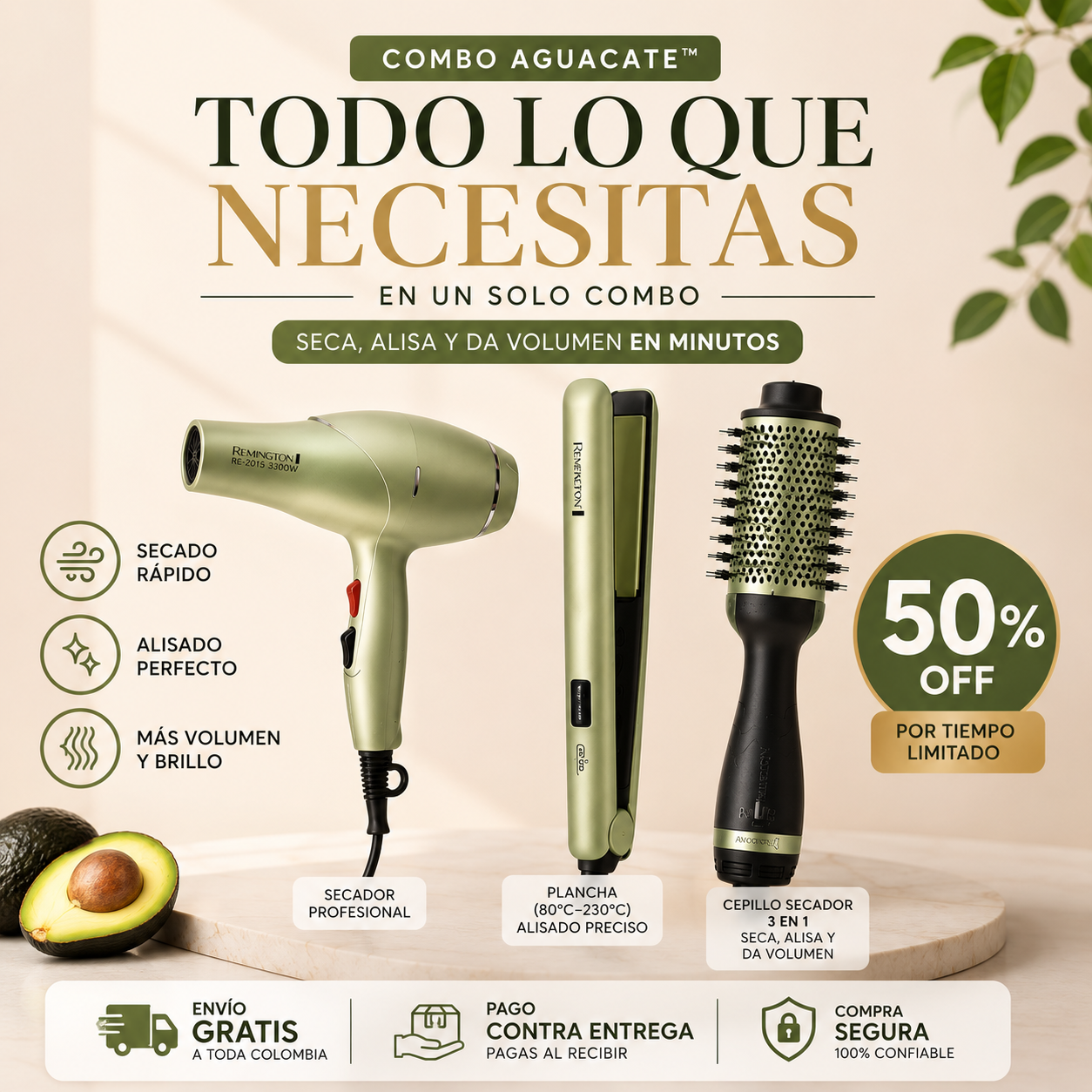 COMBO AGUACATE™ 3 EN 1: Cepillo + Plancha + Secador de Pelo